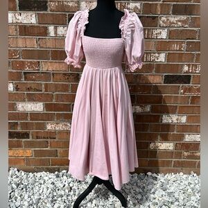 Selkie Blush Pink Midi Dress with Puff Sleeves